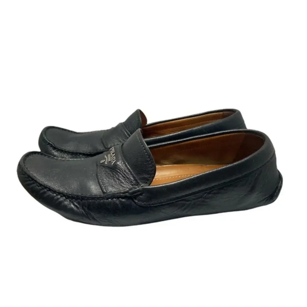 PRADA Vintage Men’s Black Leather Logo Loafers Sz 8.5 - Picture 6 of 7